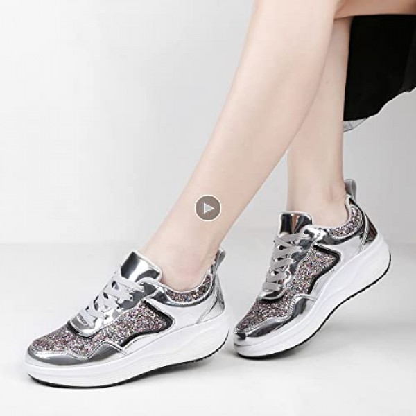 DADAWEN Women's Walking Shoes Sequin Lightweight Non Slip Tennis Sneakers Lady Girls Comfort Wedge Platform Athletic Running Shoes