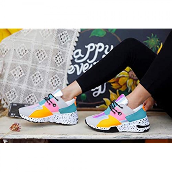 LUCKY-STEP Women Breathable Mesh Fashion Leopard Sneakers Non-Slip Leather Lace Up Print Casual Athletic Walking Shoes