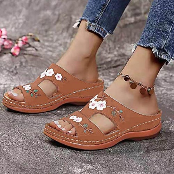 2021 Summer Vintage Casusl Flower Embroidery Women's Slippers Wdeges Sandals