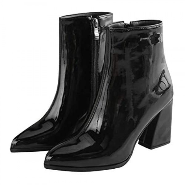 LATINDAY Women's Block High Heel Platform Patent Leather Ankle Boots with Zip up Booties Shoes