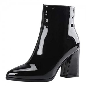 LATINDAY Women's Block High Heel Platform Patent Leather Ankle Boots with Zip up Booties Shoes