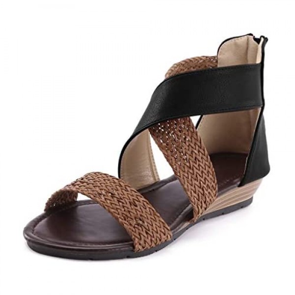 LATINDAY Womens Weave Platform Sandal Low Wedge Zipper Closure Open Toe Slide Sandal Summer Flat Beach Shoes