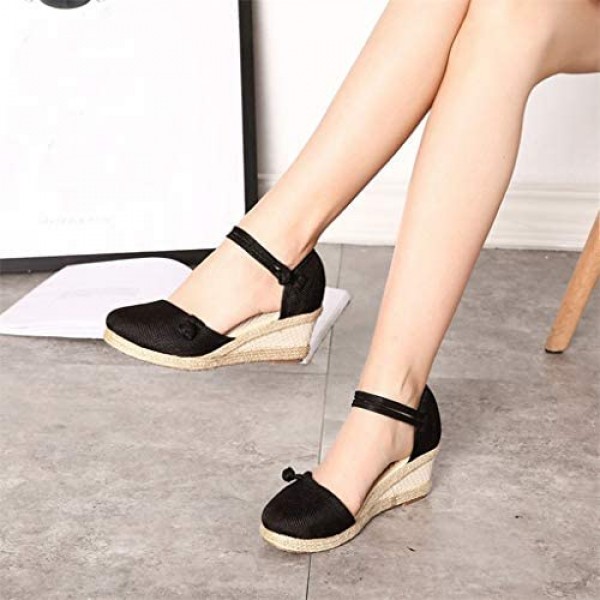 Women Casual Sandals Singles Shoes Wedge Round Toe Buckle Strap Retro Linen Canvas Sandals