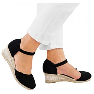 Women Casual Sandals Singles Shoes Wedge Round Toe Buckle Strap Retro Linen Canvas Sandals