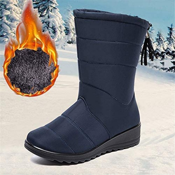 Womens Waterproof Snow Boots Anti-Skid Faux Fur Lined Fringe Mid-Calf Boot Cold Weather Outdoor Puffy Walking Shoes