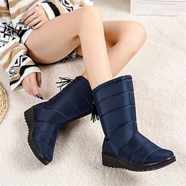 Womens Waterproof Snow Boots Anti-Skid Faux Fur Lined Fringe Mid-Calf Boot Cold Weather Outdoor Puffy Walking Shoes