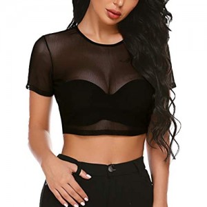 ADOME Crop Top for Women Mesh Tee Shirt Plus Size Sheer Blouse Long/Short Sleeve S-4XL