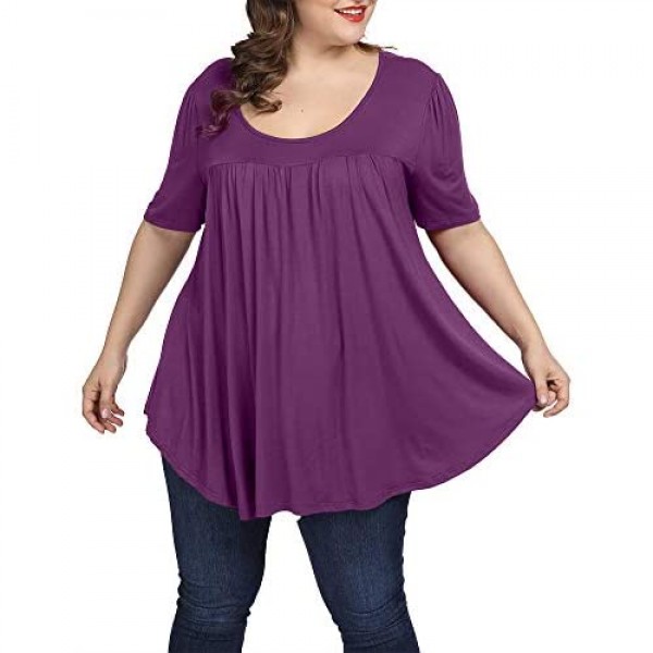 Allegrace Women Plus Size Tops Summer Casual Pleated Flowy Loose Scoop Neck Shirts
