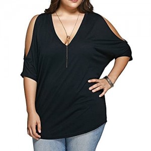 Allegrace Women Plus Size Tops V Neck Short Sleeve Batwing Top Cold Shoulder T Shirt