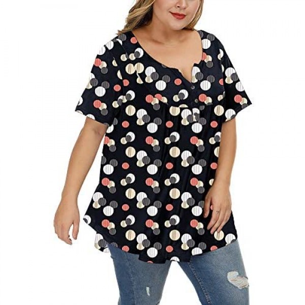Allegrace Women's Plus Size Floral Blouses Henley V Neck Button Up Tunic Tops Ruffle Flowy Short Sleeve T Shirts