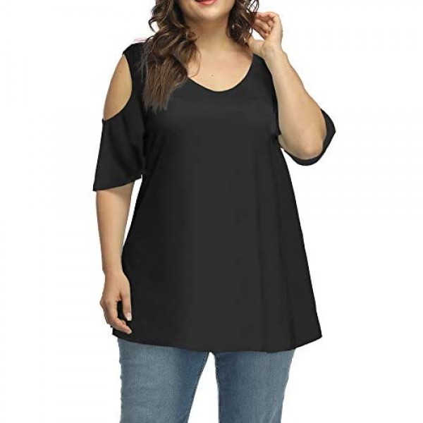 Allegrace Women's Plus Size Floral Printing Cold Shoulder Tunic Top Short Sleeve V Neck T Shirts