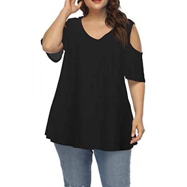 Allegrace Women's Plus Size Floral Printing Cold Shoulder Tunic Top Short Sleeve V Neck T Shirts