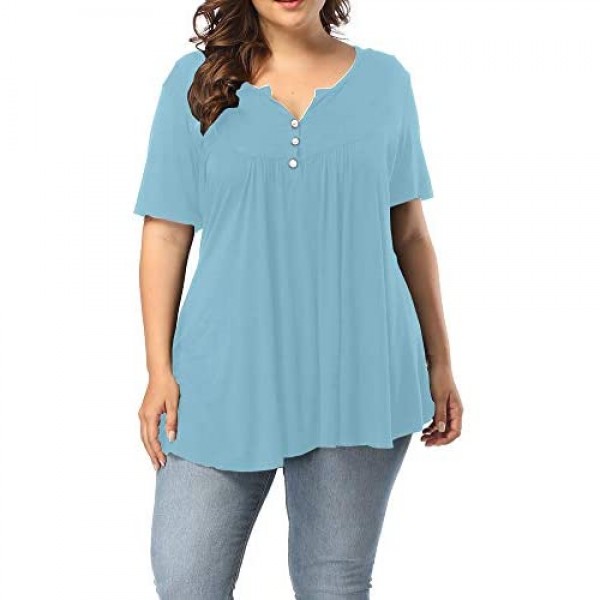Allegrace Women's Plus Size Henley V Neck Button Up Tunic Tops Casual Short Sleeve Ruffle Blouse Shirts