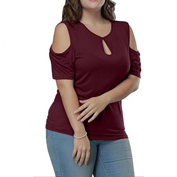 Allegrace Women's Plus Size Top Keyhole Front Short Sleeve Cold Shoulder T Shirt