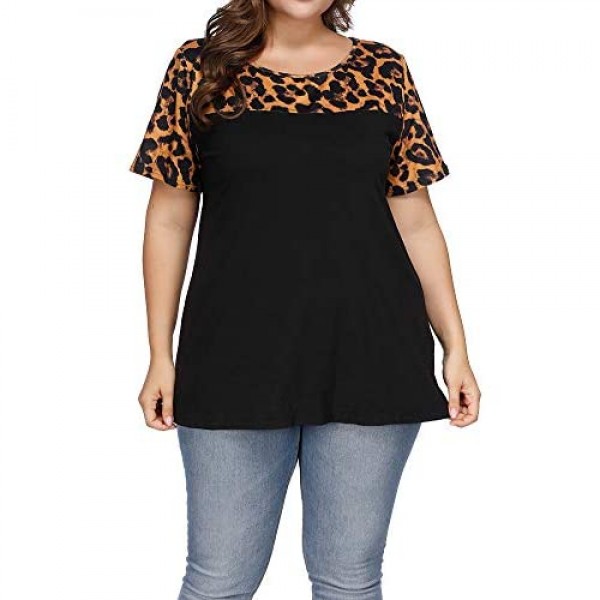 Allegrace Women's Plus Size Top Leopard Print Lemon Tops Summer Casual Loose Short Sleeve T Shirts