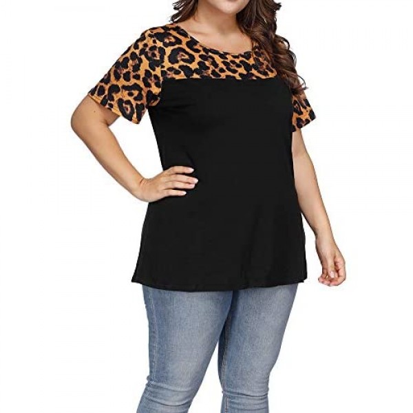 Allegrace Women's Plus Size Top Leopard Print Lemon Tops Summer Casual Loose Short Sleeve T Shirts