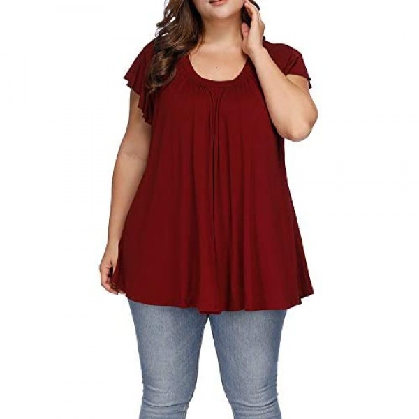 Allegrace Women's Plus Size Top Short Sleeve Casual Ruffle Loose Pleated Flowy Summer T Shirts