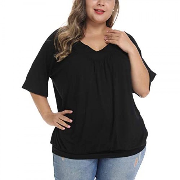 andy & natalie Women's Plus Size Tops Pleated V Neck Loose Baggy Blouse T Shirts