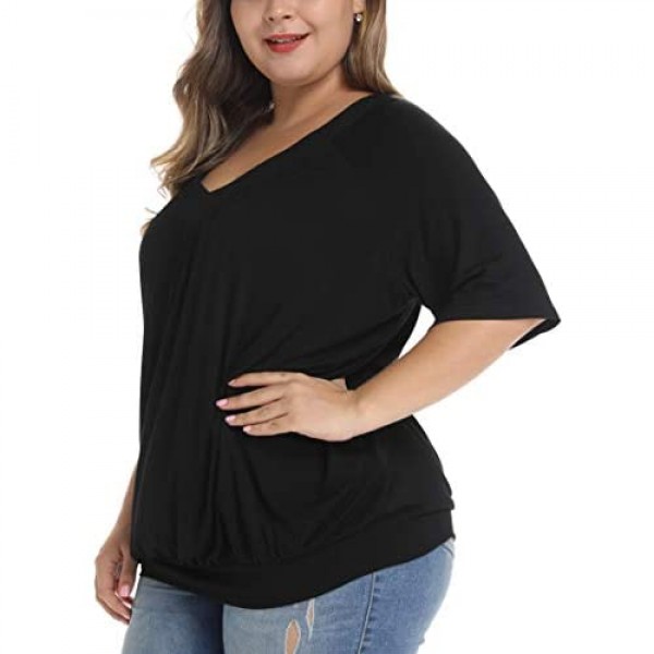 andy & natalie Women's Plus Size Tops Pleated V Neck Loose Baggy Blouse T Shirts