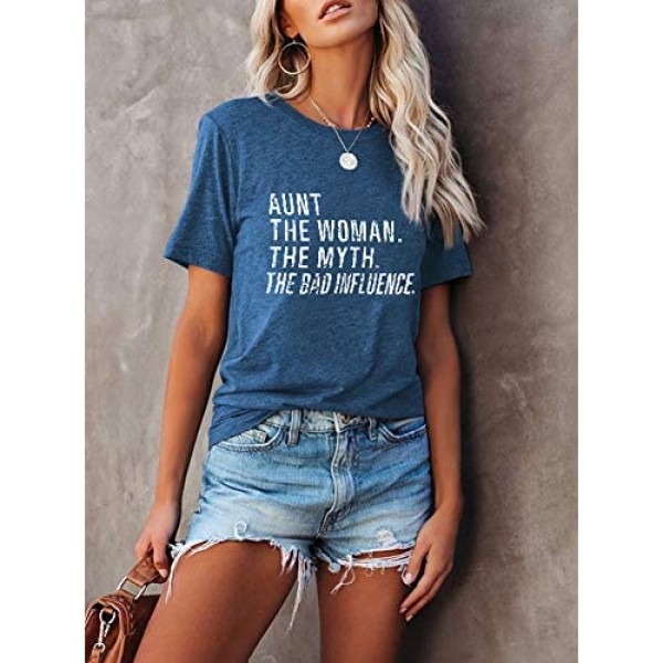 Aunt The Woman The Myth The Bad Influence T-Shirt Womens Casual Funny Letter Print Blouse Short Sleeve Tee Tops