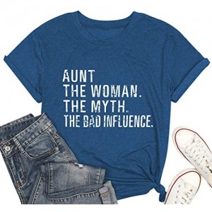 Aunt The Woman The Myth The Bad Influence T-Shirt Womens Casual Funny Letter Print Blouse Short Sleeve Tee Tops