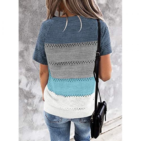 Biucly Women’s Casual Summer V Neck Tops Basic Color Block Tshirts