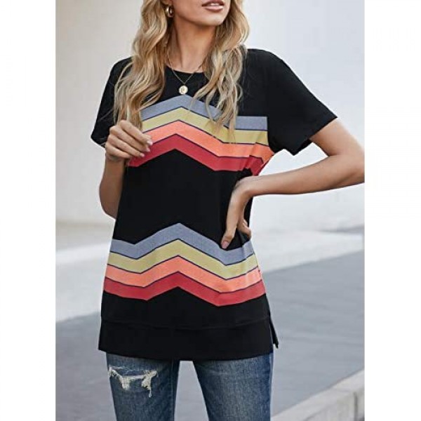 Biucly Womens Short Sleeve Graphic Crewneck Tee Loose Casual T-Shirt