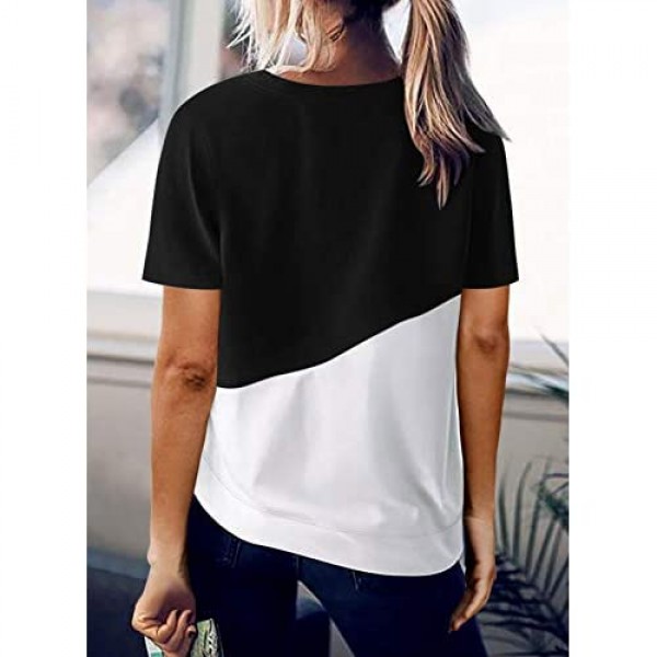 Diukia Women's Cute Color Block Tshirt Summer Casual Round Neck Side Split Short Sleeve Tee Shirt Tops S-2XL