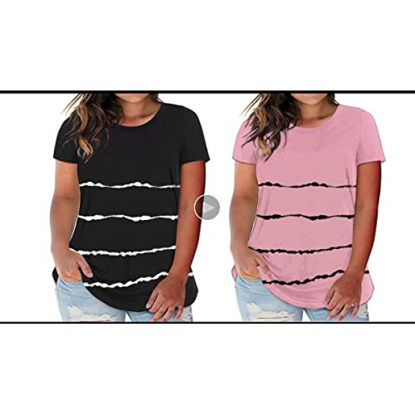 Diukia Women's Plus Size Stripe Color Block Round Neck T Shirts Summer Loose Casual Short Sleeve Tops 1X-5X
