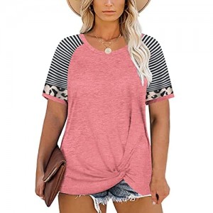 DOLNINE Womens Plus-Size Tops Summer Striped Short Sleeve Shirts Knotted Tunics