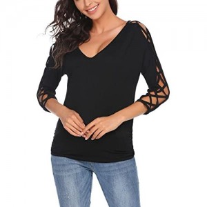 ELESOL Women Cold Shoulder Tops V Neck Cut Out Shirts 3/4 Sleeve Open Back Summer Casual Blouse Tunic Tops