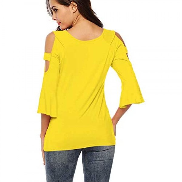 Florboom Womens Cold Shoulder Top Basic T Shirts 3/4 Sleeve Casual Blouse Tshirts