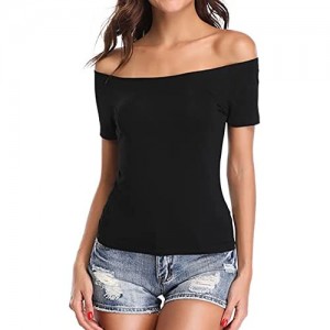 fuinloth Women's Off Shoulder Tops One Shoulder Shirts Short Sleeves Sexy Slim Fit Tees