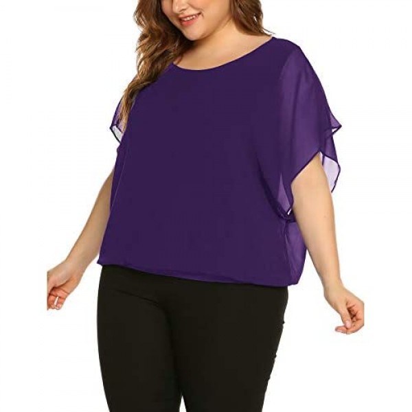 IN'VOLAND Plus Size Women Chiffon Blouse Batwing Sleeve Tops Scoop Neck Tunic Shirts