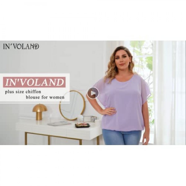 IN'VOLAND Plus Size Women Chiffon Blouse Batwing Sleeve Tops Scoop Neck Tunic Shirts