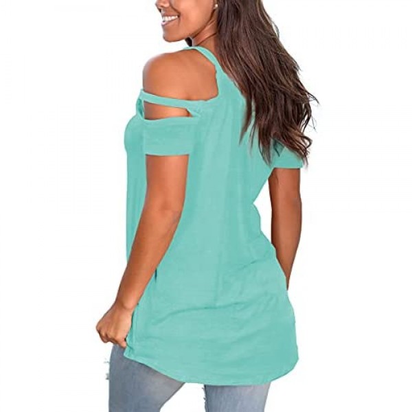 Jescakoo Cold Shoulder Tops for Women Cute Short Sleeve Crew Neck T Shirts