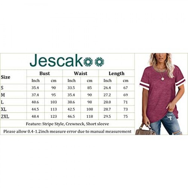 Jescakoo Womens T Shirts Short Sleeve Crewneck Summer Tops Casual Loose