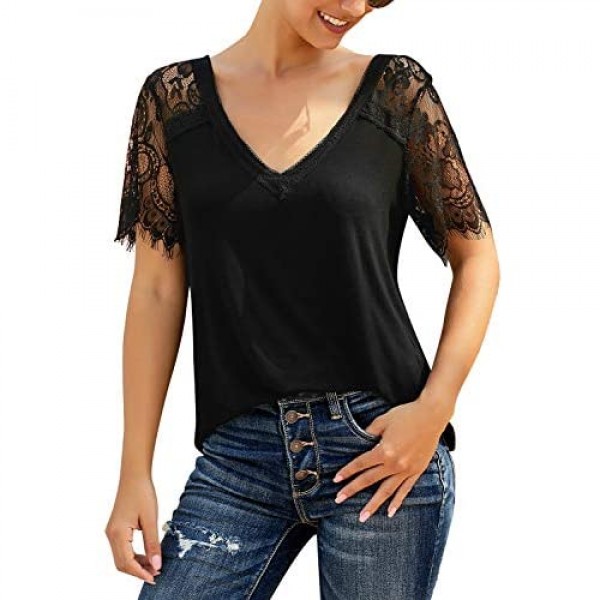 LookbookStore Women's Summer Scalloped Lace Short Sleeves V Neck Tops Tee Shirt