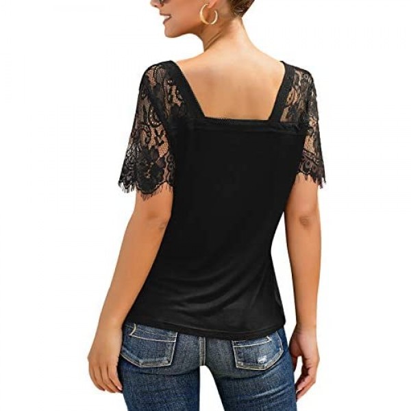 LookbookStore Women's Summer Scalloped Lace Short Sleeves V Neck Tops Tee Shirt
