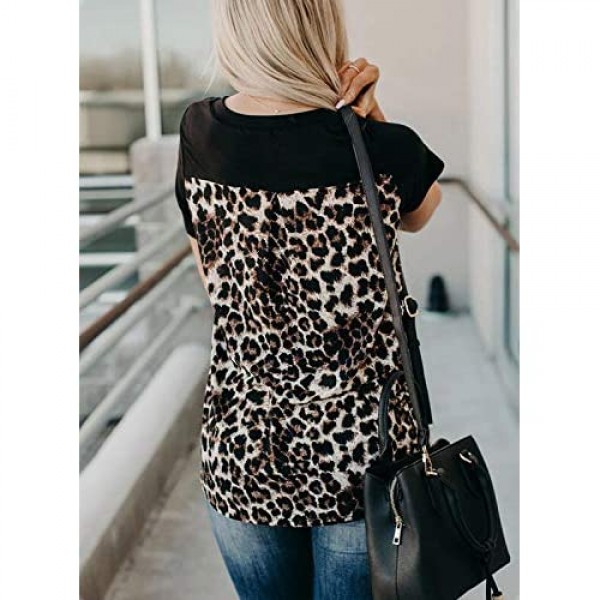 LOSRLY Womens V Neck Short Sleeve Shirts Tie Dye Leopard Summer T Shirts Casual Tunic Blouses and Top