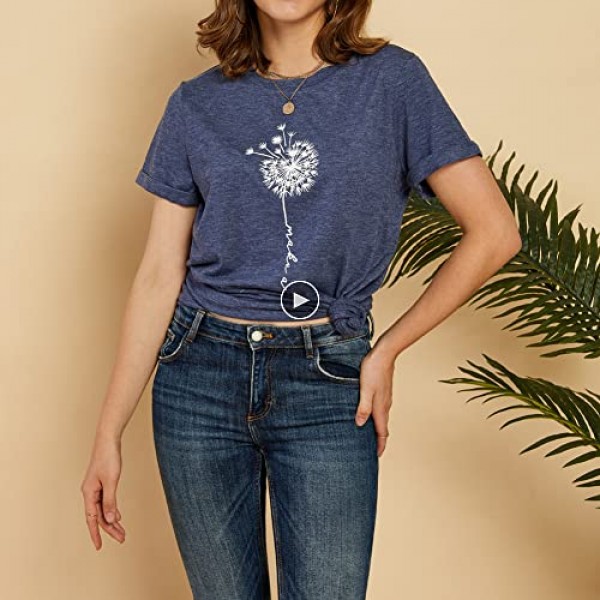 MaQiYa Womens Cute Make A Wish Dandelion Printed Tee Shirts Summer Cotton Vintage Graphic Tees Tops