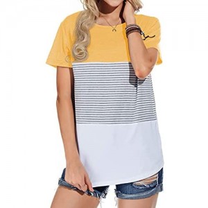 PrinStory Women's Casual Short Sleeve Round Neck Triple Color Block Stripe T-Shirt Blouse Tops