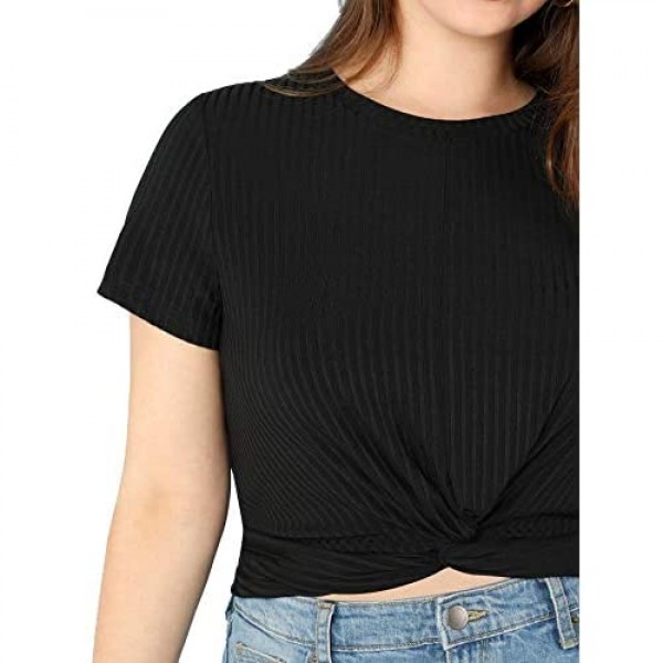 Romwe Women's Front Twist Short Sleeve Plus Size Crop T-Shirt Tops Blouse