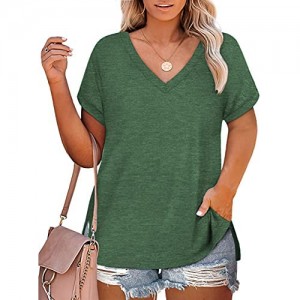 ROSRISS Plus-Size Tops for Women V Neck T Shirts Short Sleeve Side Split Tunics