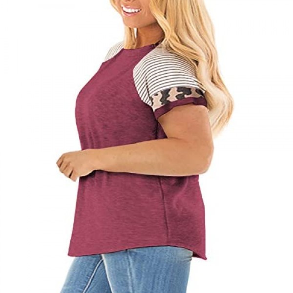 ROSRISS Womens Plus Size Raglan Short Sleeve Striped T Shirts Leopard Print Casual Tee Tops