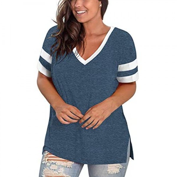 ROSRISS Womens Plus-Size Summer Tops V Neck T Shirts Striped Side Split Tunics
