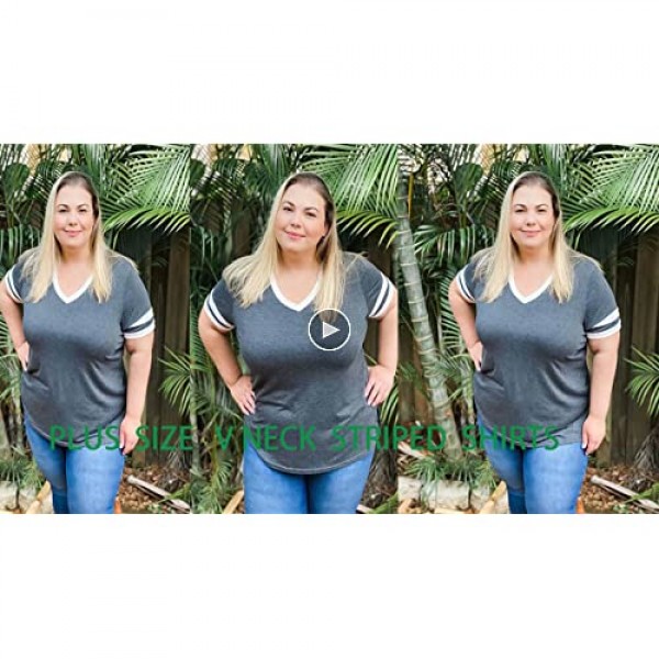 ROSRISS Womens Plus-Size Summer Tops V Neck T Shirts Striped Side Split Tunics