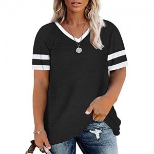 ROSRISS Women's Plus-Size Tops Summer V-Neck T-Shirts Color Block Tunic Tee