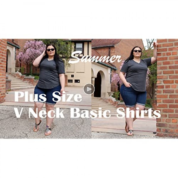 ROSRISS Womens Plus-Size V Neck T Shirts Summer Tops Rolled Short Sleeve Tunics