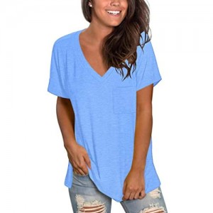 TODOLOR Womens T Shirts Short Sleeve V Neck Loose Summer Tees Basic Tunic Tops with Pocket